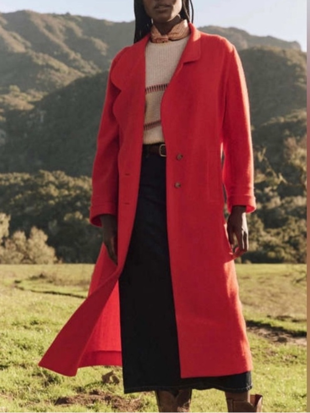 NWT THE GREAT Trapunto Red long wool trench coat tie waist Size 0